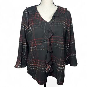 Investments Petites Riley Women’s Plaid Ruffle Front Blouse Petite M Black Red